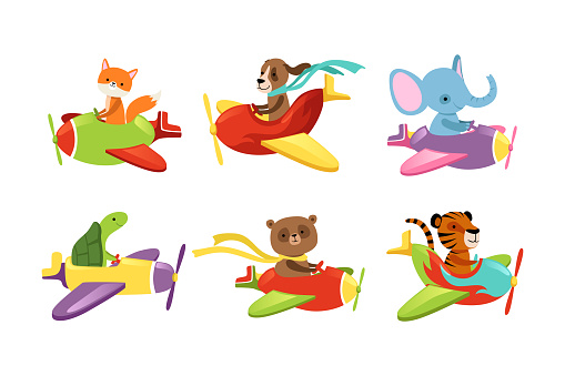 Funny Animals Aviating or Flying on the Airplane with Propeller Vector Set. Cute Zoo Mammals Enjoying Flight in the Air with Winged Aircraft Concept
