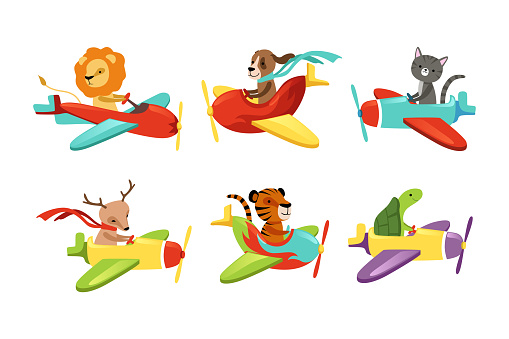 Funny Animals Aviating or Flying on the Airplane with Propeller Vector Set. Cute Zoo Mammals Enjoying Flight in the Air with Winged Aircraft Concept