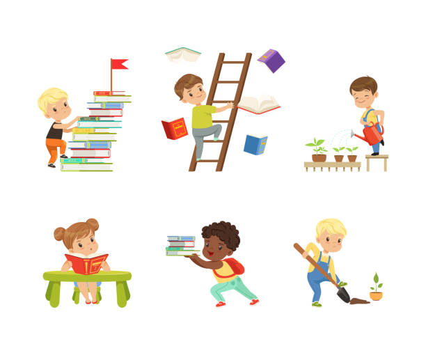 Cute Little Kids Books Studying and Learning and Watering Plants in the Garden Vector Set Cute Little Kids Books Studying and Learning and Watering Plants in the Garden Vector Set. Smart Boy and Girl Reading Literature and Helping in the Yard Concept girl climbing ladder stock illustrations