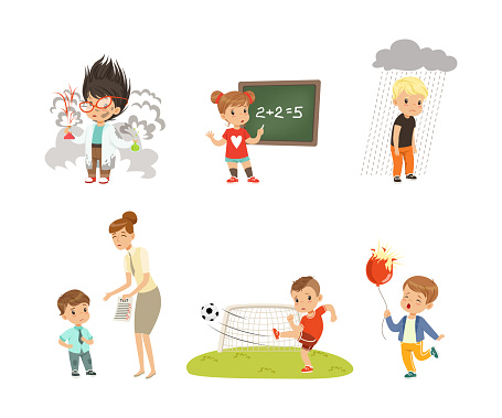Frustrated Kids Experiencing Their Failures and Mistakes Vector Set. Sad Boy with Burst Balloon and Girl at Chalkboard with Wrong Sum Concept