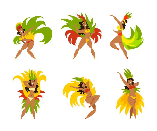 Vector illustration of Brazilian Samba Dancer in Bright Feathered Costume Vector Set. Carnival in Rio de Janeiro with Female Wearing Festival Outfit Concept