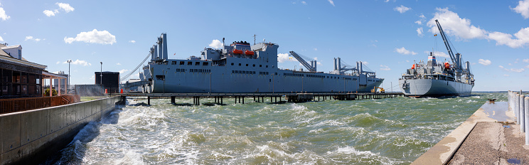 Cargo Ships in the Commercial Docks on James River near Victoria Landing Park of Newport News, Virginia