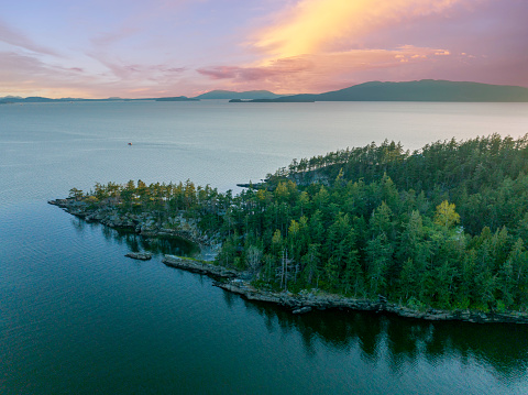 Peninsula at the Edge of Chuckanut Bay Bellingham Washington Aerial View of San Juan Islands Background