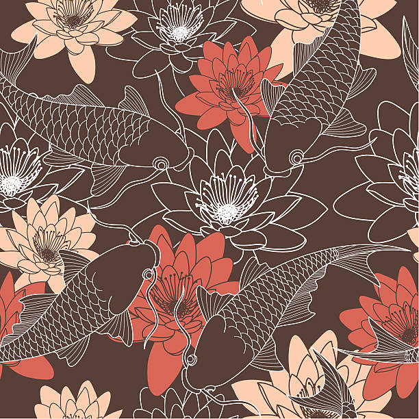 ilustrações de stock, clip art, desenhos animados e ícones de sem costura padrão chinês com lotus e carpas - lotus flower single flower red