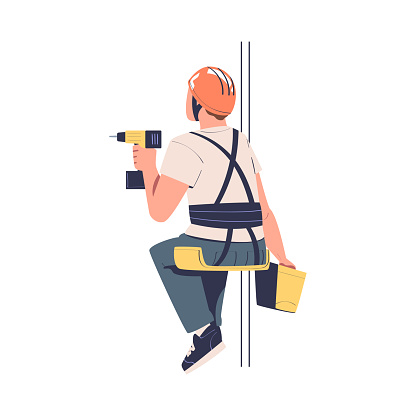 Man Working at Height with Drill Suspended on Rope and Hanging with Harness Engaged in Industrial Climbing Vector Illustration. Male Worker Performing Maintenance and Repair