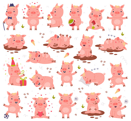 Funny Pink Pig Character Engaged in Different Activity Vector Set. Cute Farm Animal with Pretty Snout Having Fun