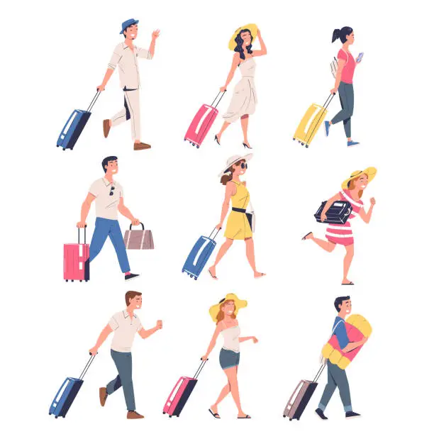 Vector illustration of People Characters with Suitcases Going on Summer Vacation Having Journey Vector Set