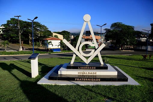 gandu, bahia, brazil - may 20, 2023: Sculpture with symbol of Freemasonry is seen at the entrance of the city of Gandu.