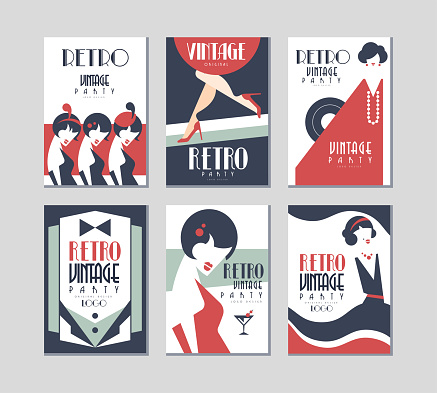 Retro Party Poster or Invitation Cards with Female Silhouette Vector Set. Vintage Flyer Template in Nostalgia Style Concept