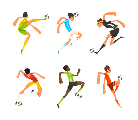 Man Football or Soccer Player Kicking and Passing Ball Vector Set. Male Athlete Engaged in Team Sport Tournament