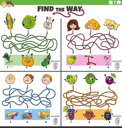 Cartoon illustration of find the way maze puzzle games set with funny comic characters