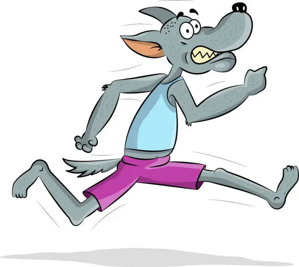 Vector illustration of Vector illustration of a running wolf. Funny wolf runs and jumps. The mascot. Sports events. Vector cartoon illustration. Book illustration