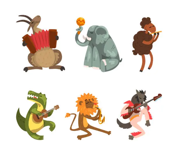 Vector illustration of Funny Animal Character Playing Different Musical Instrument Performing Concert Vector Set