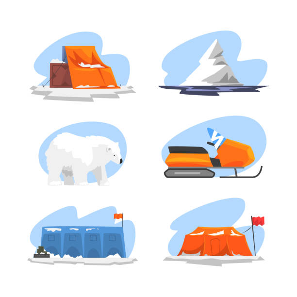 ilustraciones, imágenes clip art, dibujos animados e iconos de stock de estación de investigación científica y de exploración del ártico o conjunto de vectores de expedición polar - arctic station snow science