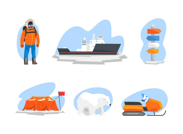 illustrations, cliparts, dessins animés et icônes de exploration de l’arctique et expédition polaire avec un ensemble de vecteurs pour l’homme, le navire, la motoneige et l’ours polaire - arctic station snow science