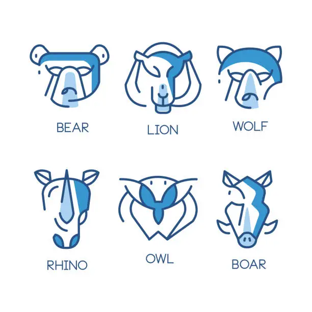Vector illustration of Animal Logo Design with Blue Lined Abstract Mammal Muzzle Vector Set