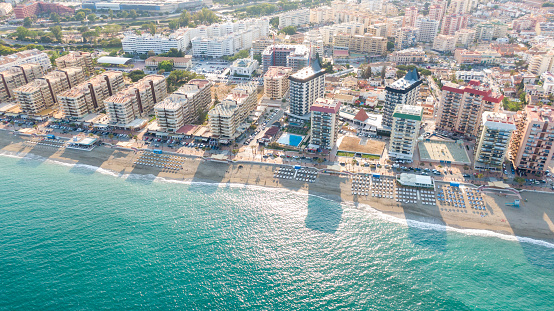 Fuengirola Spain, Aerial view on Coast of sea and buildings. Drone photo of coastal town.