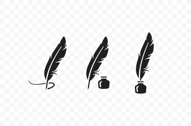 Vintage old quill pen with inkwell vector design. Feather pen drawing and ink graphic design