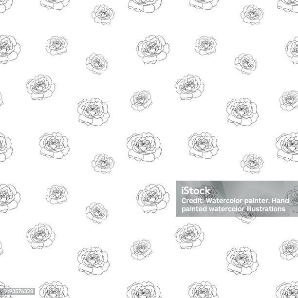 Flower Pattern Roses Outline Minimalist Roses Flower Line Art Seamless Pattern Black Outline Vector ...