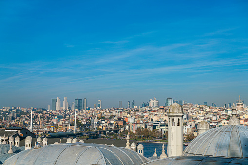 Istanbul view from Suleymaniye Mosque seeing Galata Tower and Bosphorus