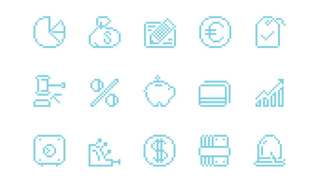 ilustraciones, imágenes clip art, dibujos animados e iconos de stock de iconos de píxeles de elementos económicos - cash register wealth coin currency