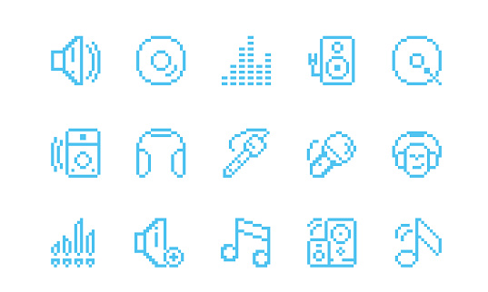 This is a vector illustration of a set of 15 media icons in pixel style