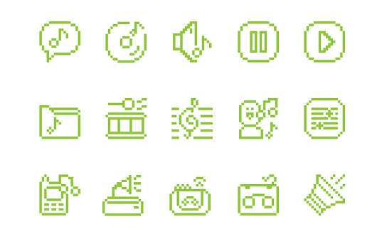 This is a vector illustration of 15 icons about music done in pixelated style
