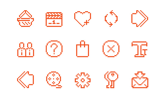 This is a collection of 15 icons about websites done in a pixelated style