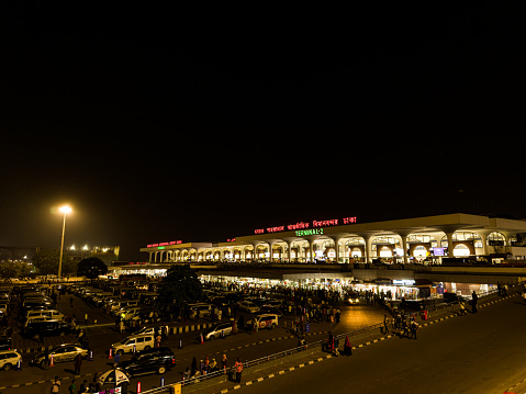 Dhaka, Bangladesh: May 25, 2023: Night view of Hazrat Shahjalal International Airport, Dhaka, Bangladesh