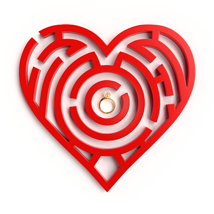 Heart in the form of a labyrinth with a wedding ring as a target. Valentine's Day. The concept of difficult love relationships. Minimalist style. 3d rendering.