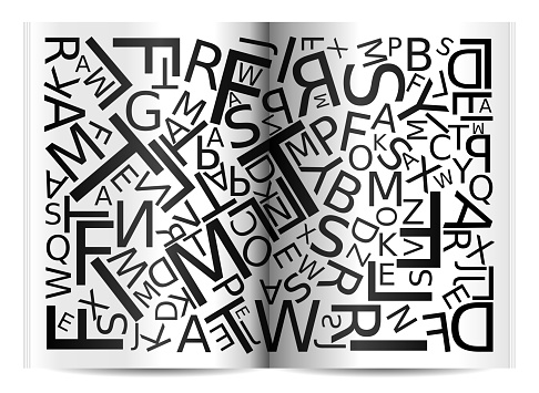 Background with letters scattered chaotic as book, vector illustration