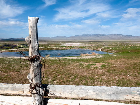 Wooden fence post wrapped with twine and bailing wire at an livestock watering pond in the desert.