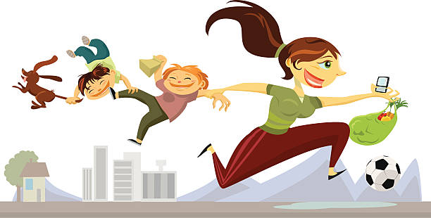 Busy Mom Running Around This busy lady is taking care of family, business and recreational activities at full speed. Way to be mom! happy family shopping stock illustrations