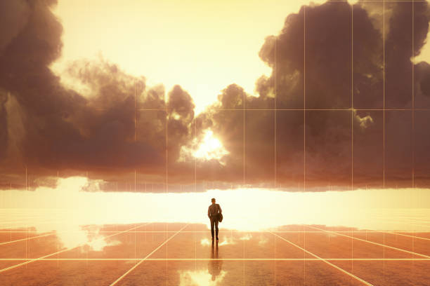 istock Abstract image of man walking in VR environment 1493603289