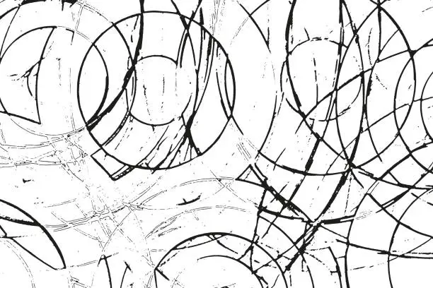 Vector illustration of Grunge overlay layer. Abstract black and white vector background. Monochrome vintage surface with dirty pattern in circles, cracks, spots, dots.