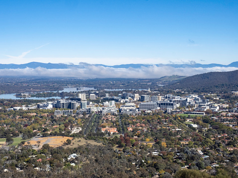High angle view of Canberra ACT and Lake Burley Griffith