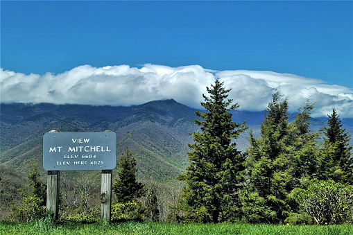 Dramatic view of cloud-covered Mount Mitchell behind its iconic sign in the foreground, with evergreens flanking to the right.