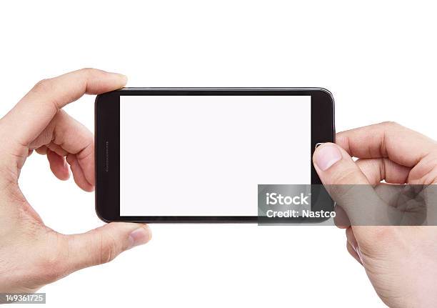 Male Hand Holding Smartphone Blank Screen Taking Photo Stock Photo - Download Image Now