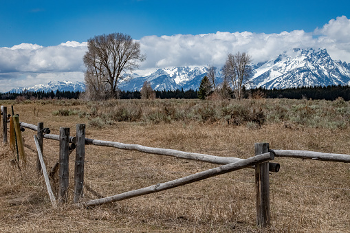 Old wooden fence and the Teton mountains in the Yellowstone Ecosystems in western USA and North America.  Nearest cities are Gardiner, Cooke City, Bozeman, Billings, Montana, Jackson, Wyoming, Salt Lake City, Utah and Denver, Colorado.
