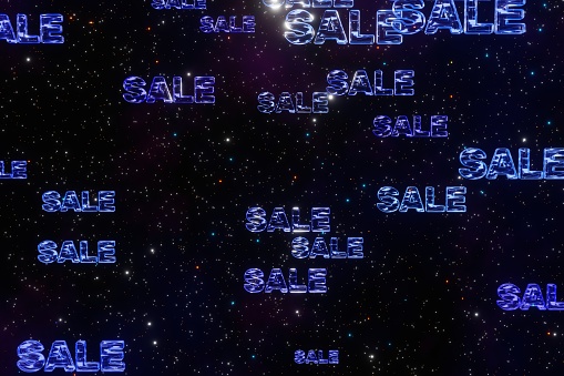 Blue words sale on space cyberpunk background 3d render. Discount falling satisfying. Big sale, discount, black friday, shopping mall or coming soon concept.