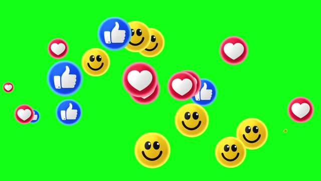 Seamless loop. Social media Live style animated icon on green background. Love heart, smile face and thumbs up symbols. Live stream. Chroma Key