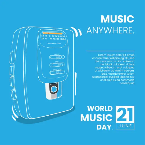 Vector illustration of World music day with vintage music player portable or portable cassette player in line art design