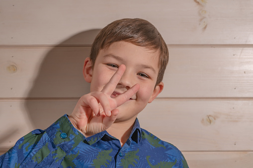 Portrait of a boy 8 years old brunette in a blue shirt. Shows two fingers
