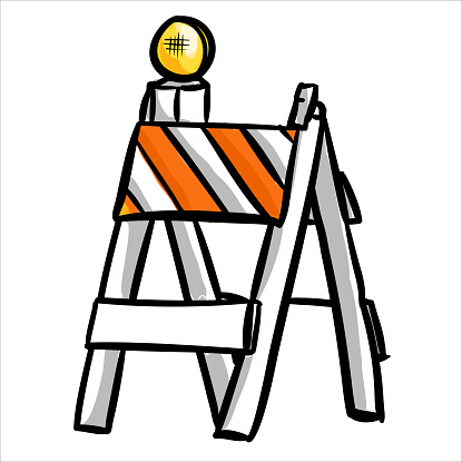 Construction road block sign to alert people of ongoing city projects. Hand drawn vector  illustration.