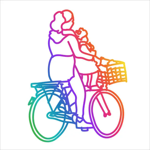 Vector illustration of Mom And Child Riding Bike Rainbow