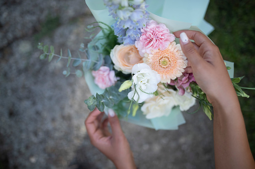 A view directly above of a bouquet of flowers