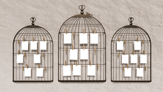 Place photo bird cage in wall easy remplace, beige wall metal cage