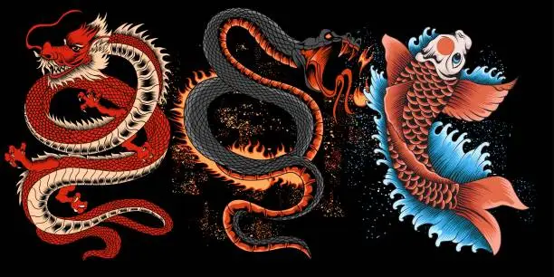 Vector illustration of collection of dragon, snake fire, and koi fish illustration