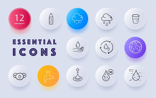 H2O icon set. A visual representation of the chemical formula. Water concept. Neomorphism style. Vector line icon for Business and Advertising