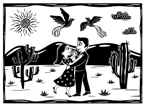 Loving couple dancing in a desert scene, birds flying, sun and clouds, cacti. Line drawing, monochrome of arid climate